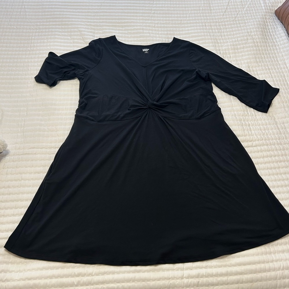 LANDS END plus size black casual v neck dress 3/4 sleeves